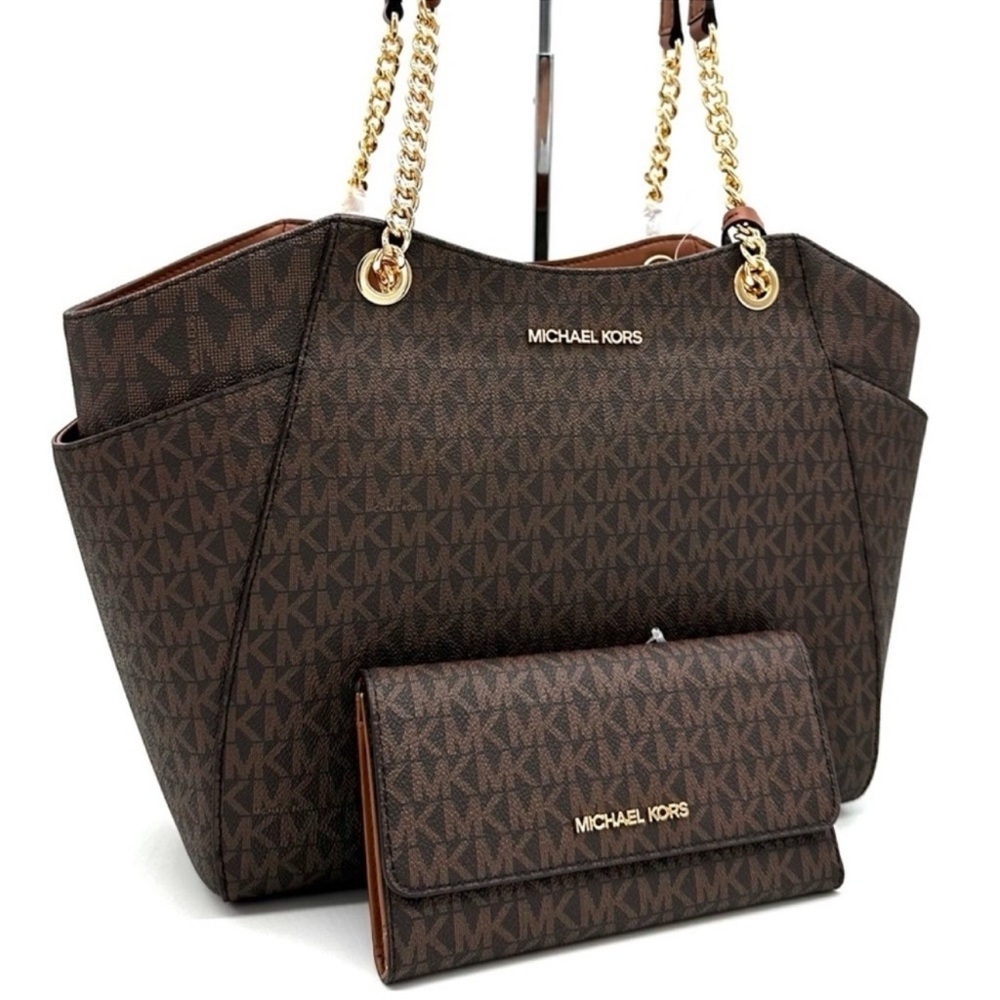 Michael Kors Large Jet Set Travel Chain Shoulder Bag & Trifold Wallet Brown - Picture 3 of 14